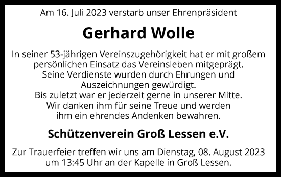 Todesanzeige von Gerhard Wolle von SYK