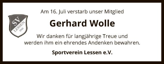 Todesanzeige von Gerhard Wolle von SYK