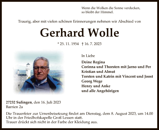 Todesanzeige von Gerhard Wolle von SYK