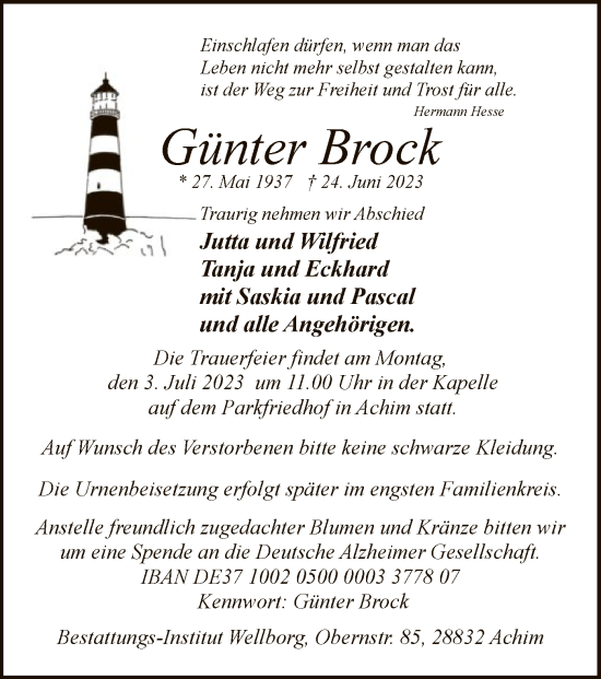 Todesanzeige von Günter Brock von SYK