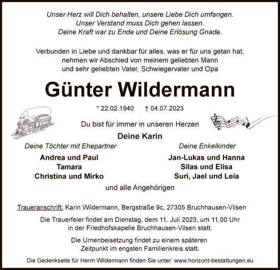 Todesanzeige von Günter Wildermann von SYK