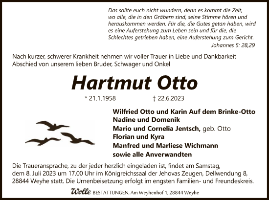 Todesanzeige von Hartmut Otto von SYK