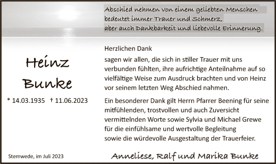 Todesanzeige von Heinz Bunke von SYK