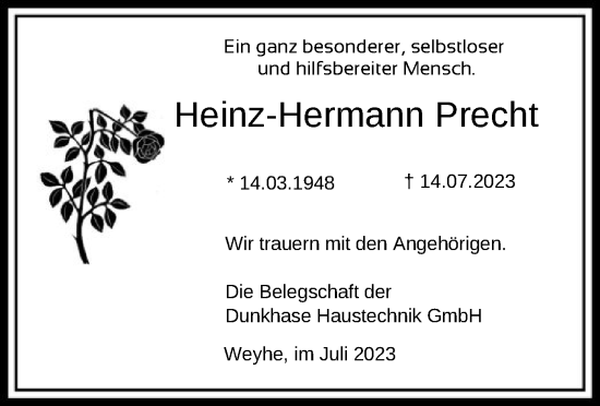 Todesanzeige von Heinz-Hermann Precht von SYK