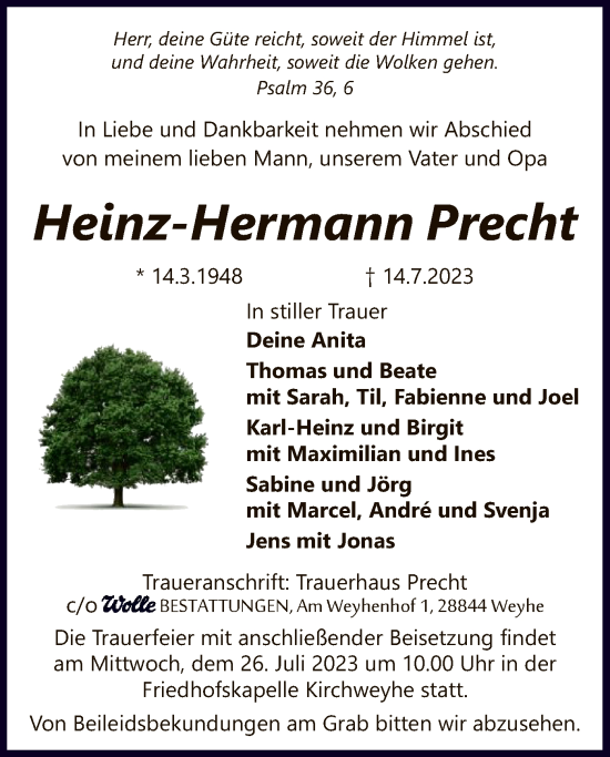 Todesanzeige von Heinz-Hermann Precht von SYK