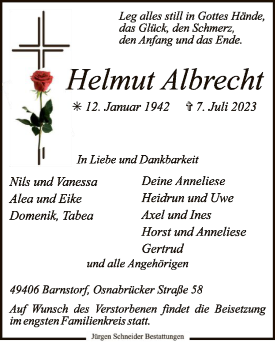 Todesanzeige von Helmut Albrecht von SYK