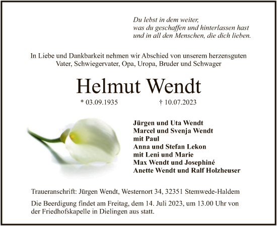Todesanzeige von Helmut Wendt von SYK