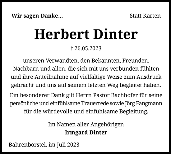 Todesanzeige von Herbert Dinter von SYK