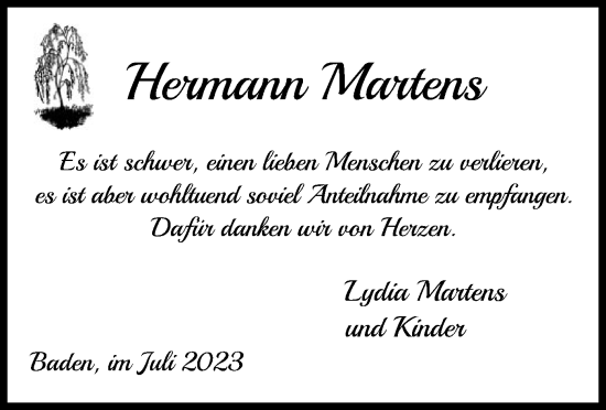 Todesanzeige von Hermann Martens von SYK