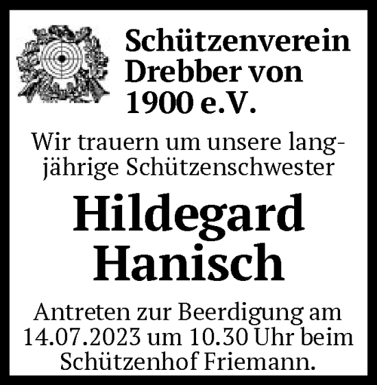 Todesanzeige von Hildegard Hanisch von SYK