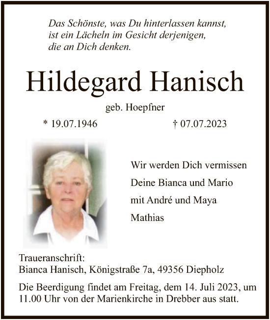 Todesanzeige von Hildegard Hanisch von SYK