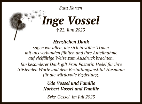 Todesanzeige von Inge Vossel von SYK