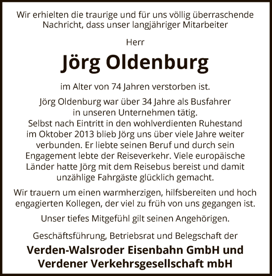 Todesanzeige von Jörg Oldenburg von SYK