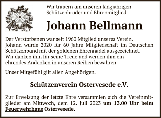 Todesanzeige von Johann Bellmann von SYK
