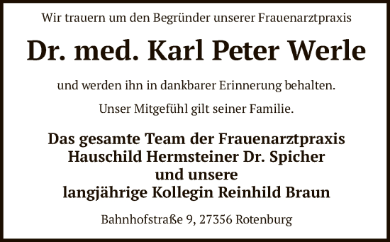 Todesanzeige von Karl Peter Werle von SYK