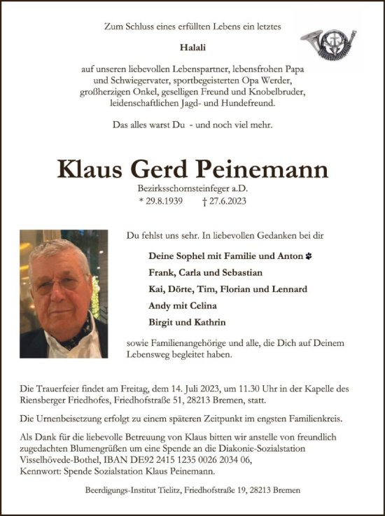 Todesanzeige von Klaus Gerd Peinemann von SYK