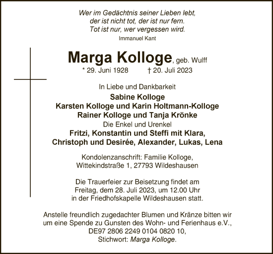 Todesanzeige von Marga Kolloge von SYK