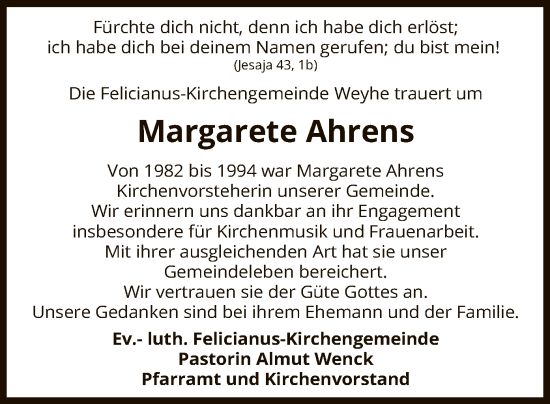 Todesanzeige von Margarete Ahrens von SYK