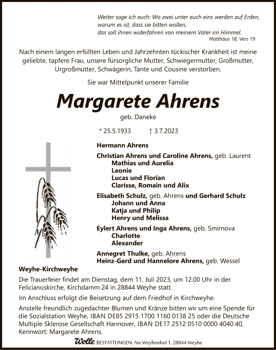 Todesanzeige von Margarete Ahrens von SYK