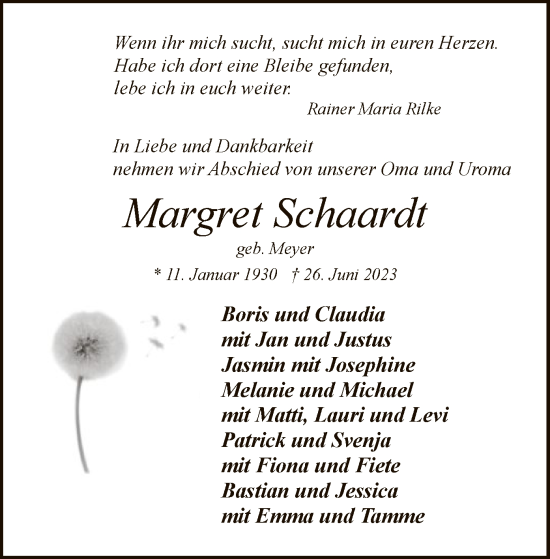 Todesanzeige von Margret Schaardt von SYK