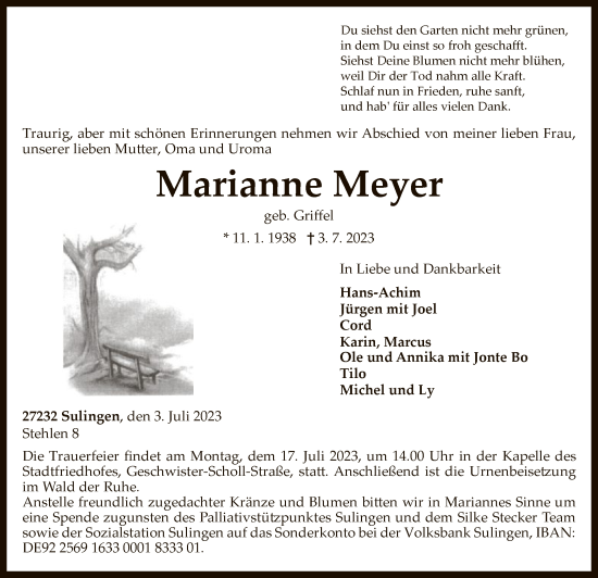 Todesanzeige von Marianne Meyer von SYK