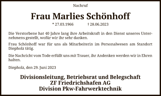 Todesanzeige von Marlies Schönhof von SYK