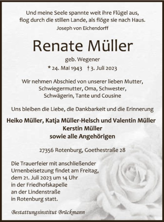 Todesanzeige von Renate Müller von SYK