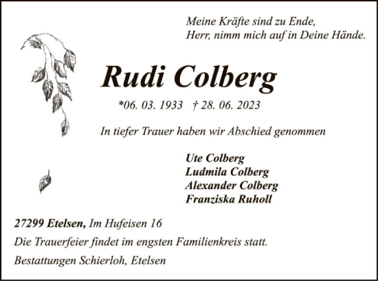 Todesanzeige von Rudi Colberg von SYK