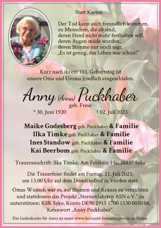 Todesanzeige von TO Puckhaber von SYK