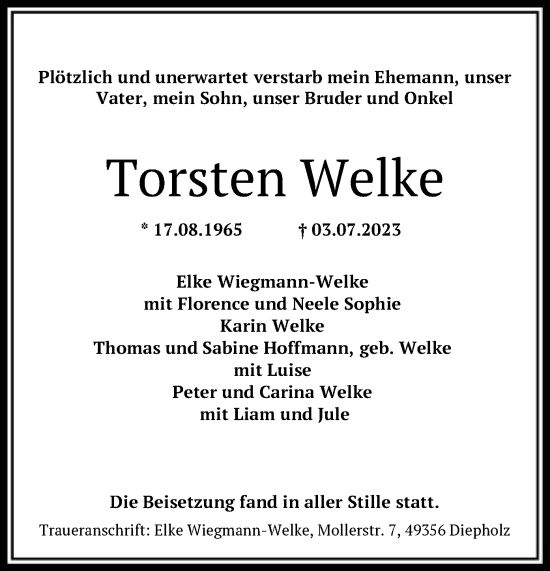Todesanzeige von Torsten Welke von SYK