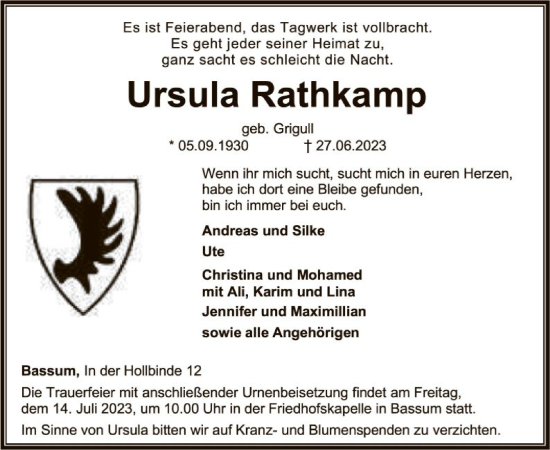 Todesanzeige von Ursula Rathkamp von SYK