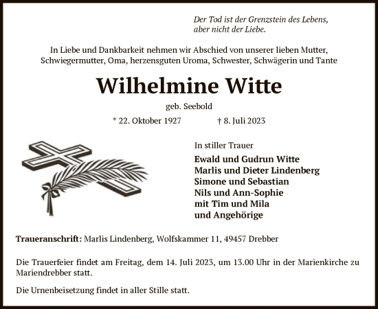 Todesanzeige von Wilhelmine Witte von SYK