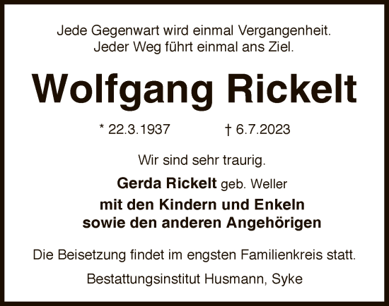 Todesanzeige von Wolfgang Rickelt von SYK