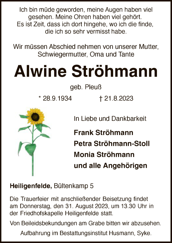 Todesanzeige von Alwine Ströhmann von SYK