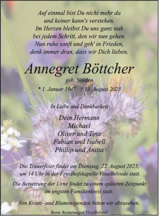 Todesanzeige von Annegret Böttcher von SYK