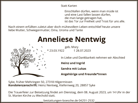 Todesanzeige von Anneliese Nentwig von SYK