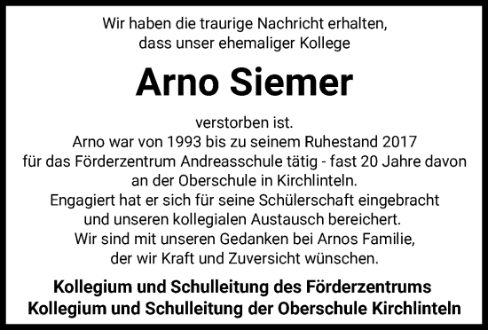 Todesanzeige von Arno Siemer von SYK