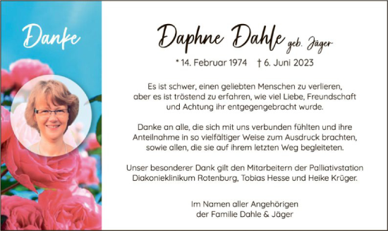 Todesanzeige von Daphne Dahle von SYK