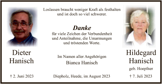 Todesanzeige von Dieter und Hildegard Hanisch von SYK