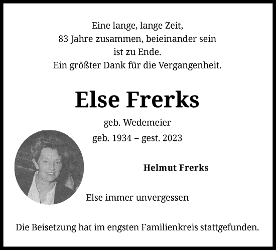 Todesanzeige von Else Frerks von SYK
