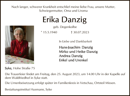 Todesanzeige von Erika Danzig von SYK