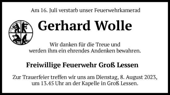 Todesanzeige von Gerhard Wolle von SYK