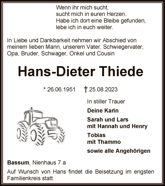 Todesanzeige von Hans-Dieter Thiede von SYK