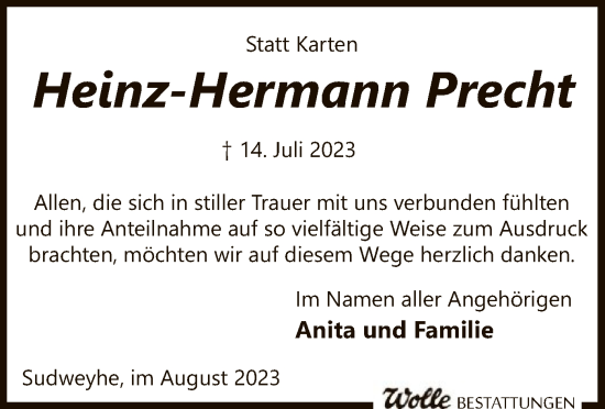 Todesanzeige von Heinz-Hermann Precht von SYK