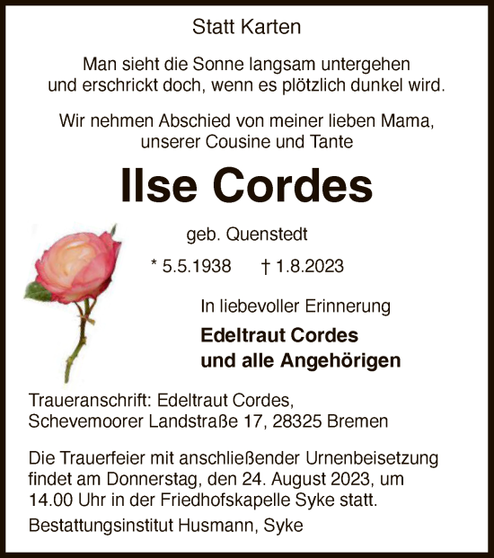 Todesanzeige von Ilse Cordes von SYK