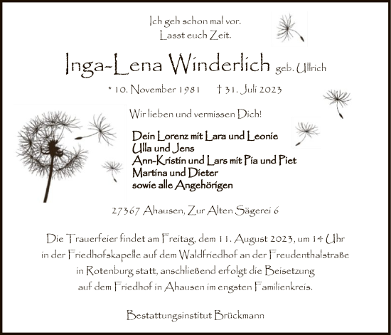 Todesanzeige von Inga-Lena Winderlich von SYK