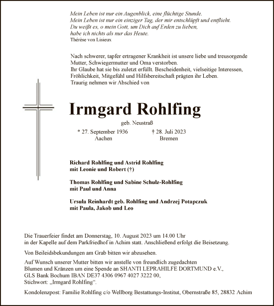 Todesanzeige von Irmgard Rohlfing von SYK