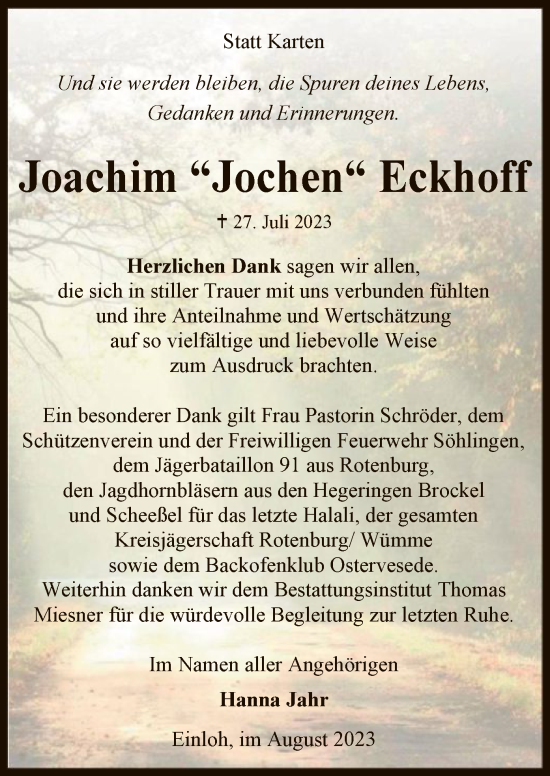 Todesanzeige von Joachim Eckhoff von SYKSYK