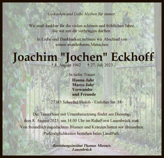 Todesanzeige von Joachim Eckhoff von SYK