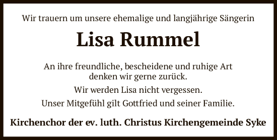 Todesanzeige von Lisa Rummel von SYK